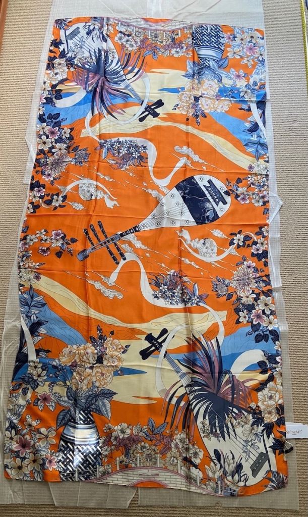 New 100% Silk Scarf, floral design in orange multi