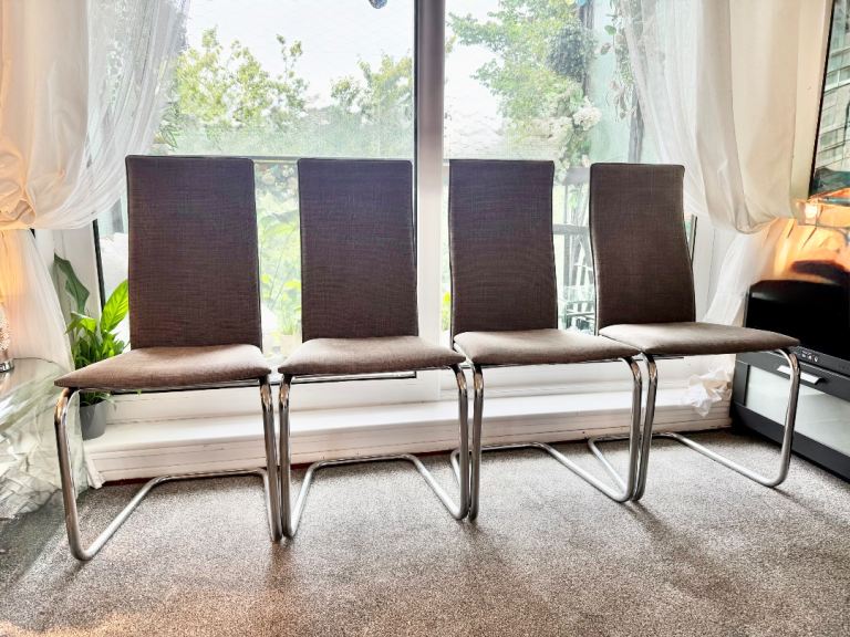 Modern Grey Fabric Dining Chair with Chrome Frame