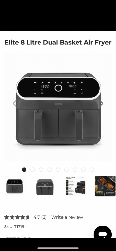 Tower Elite Vortex 8L Dual Basket Air Fryer - Brand New