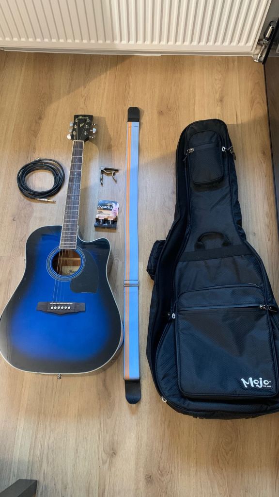 Ibanez PF15ECE Electro Acoustic, Trans Blue Burst with Mojo case, strap, capo, lead and batteries.  