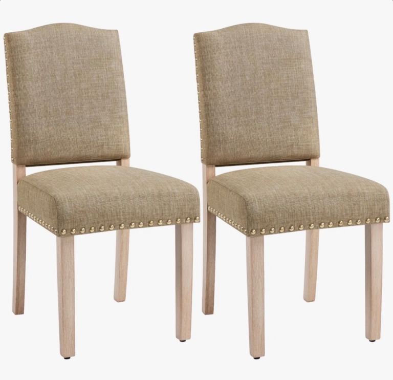 Pair of New Beige Fabric Dining Chairs with Stud Detail