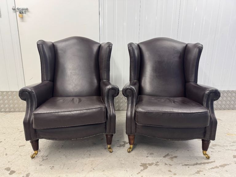 Pair of Laura Ashley ‘Southwold’ Dark Brown Leather Wingback Armchairs / Chairs