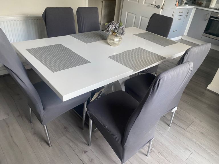White Dining Table & 6 Grey Chairs – Good Condition