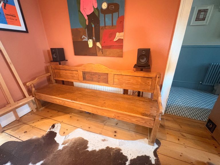 Antique 19th-Century Continental Pine Settle Bench — Original Folk-Painted Panel