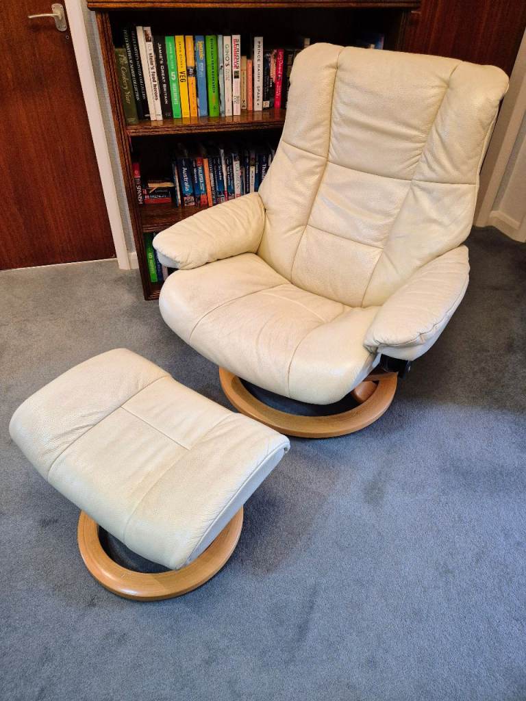 Stressless Mayfair leather swivel recliner chair (Large) with footstool.