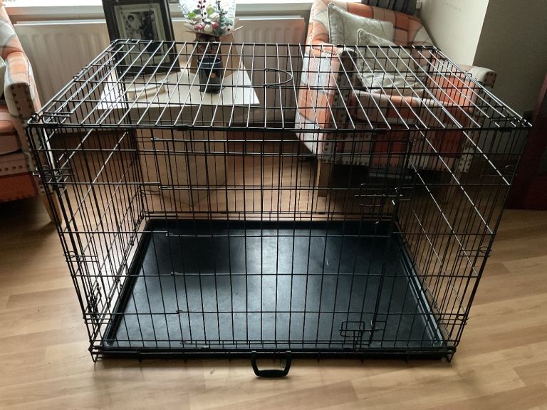 Medium black dog cage metal crate two door folding plastic non chew tray 