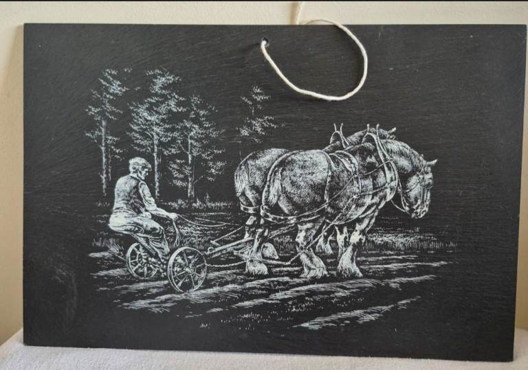 Horse Ploughing Scene, Engraved on Slate