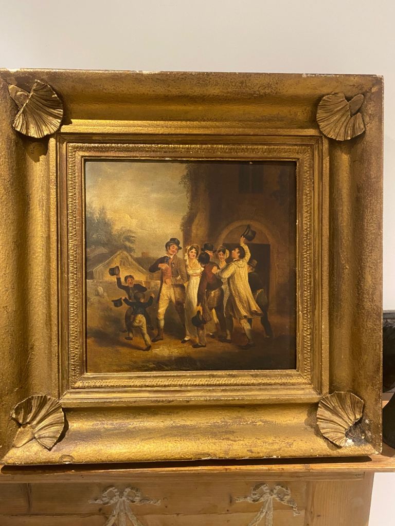 Original, Regency, 1820s oil on board Wedding scene painting