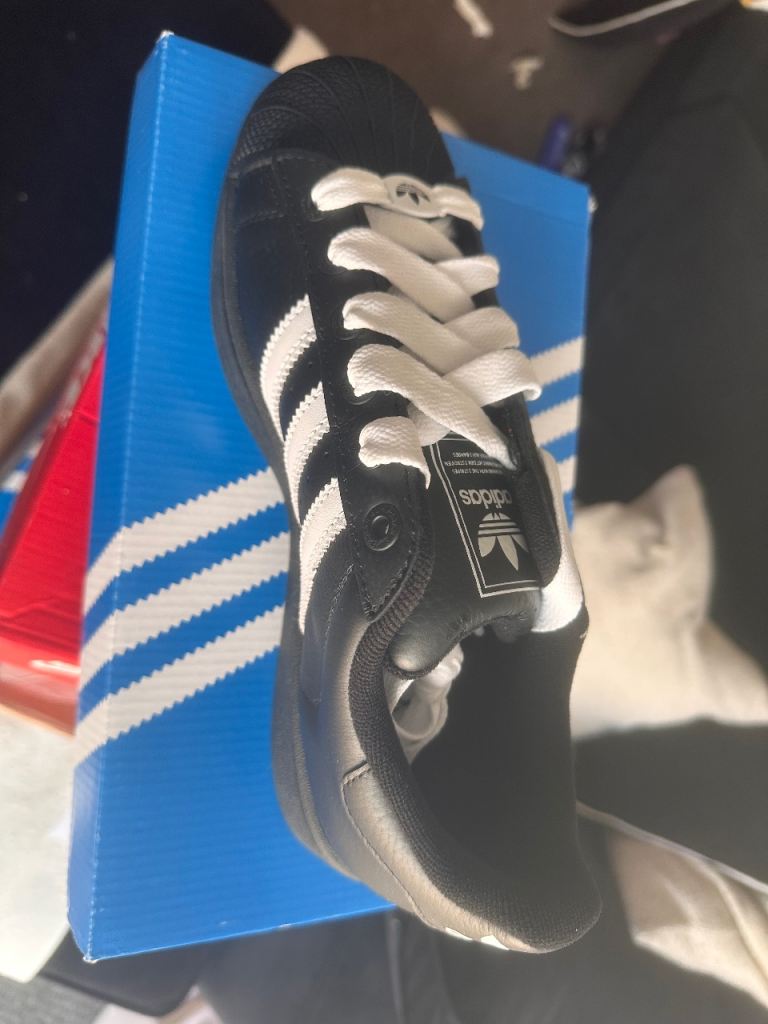 Adidas Superstar Trainers - Black with White Stripes, Size 43