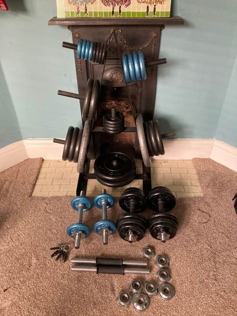 Free weights package. Plates, Bars, Dumbbells, Rack, Bench