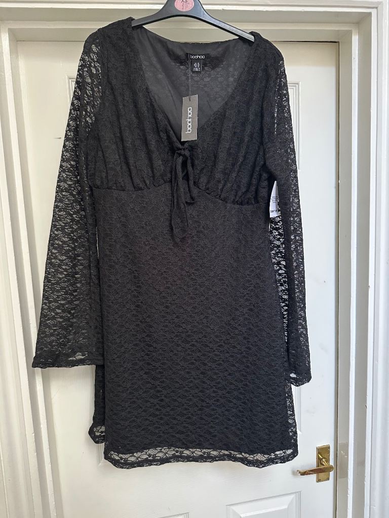 Boohoo Black Lace Dress 18 Long Sleeve V Neck BNWT Party Evening