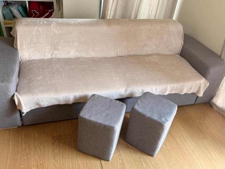Grey Sofa Bed with Storage Shelves & 2 Ottoman Poufs