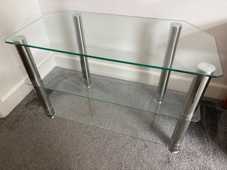 Glass Console Table / TV Stand with Metal Legs – Good Condition