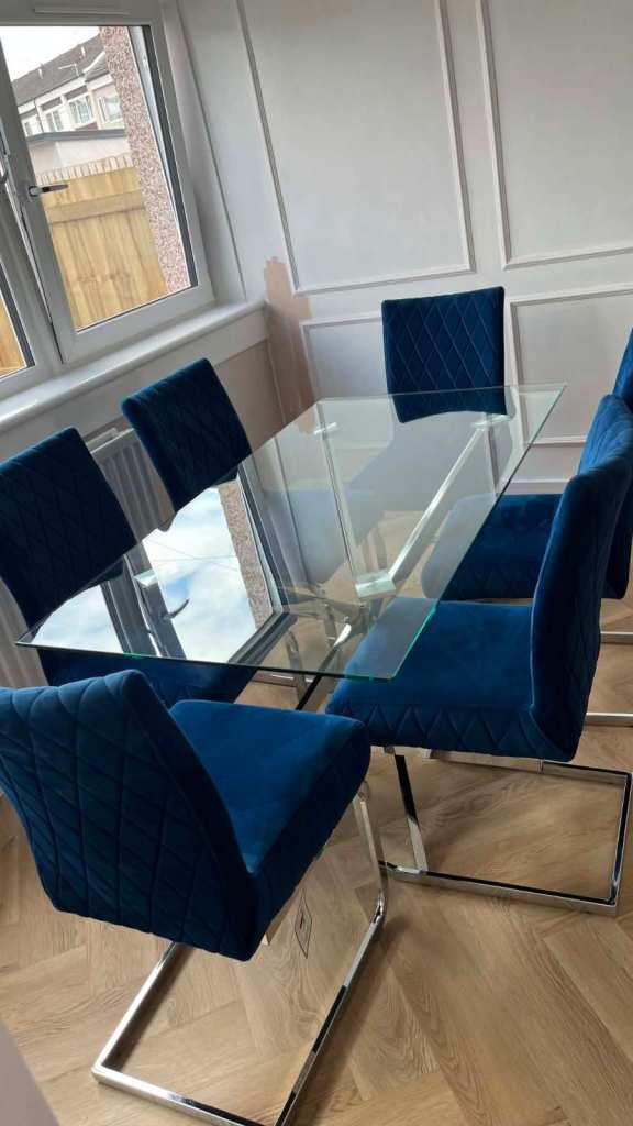 Modern 6-Seater Dining Set – Tempered Glass Table & 6 Royal Blue Velvet Cantilever Chairs