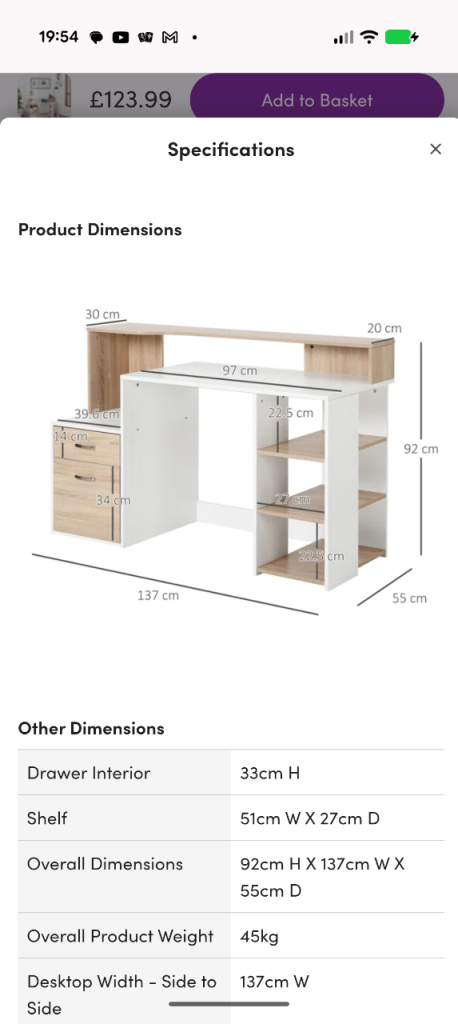 HOMCOM Computer Desk with Drawers and Shelves – As Good As New