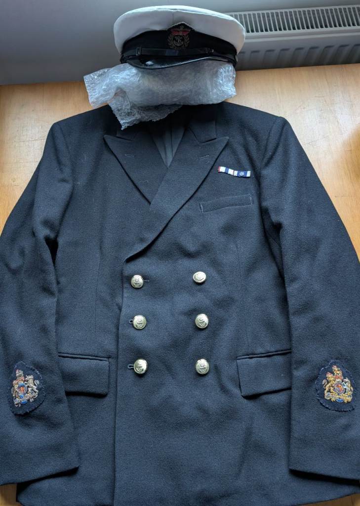 British Royal Navy Jacket + Trousers + Cap - Warrant Officer with Insignia Buttons etc