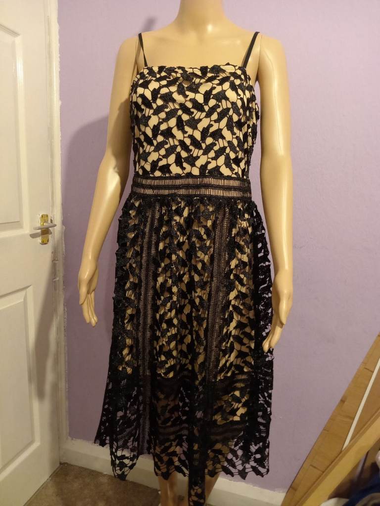 Boohoo Black Corded Lace Midi Skater Dress, Nude Lining, size 12