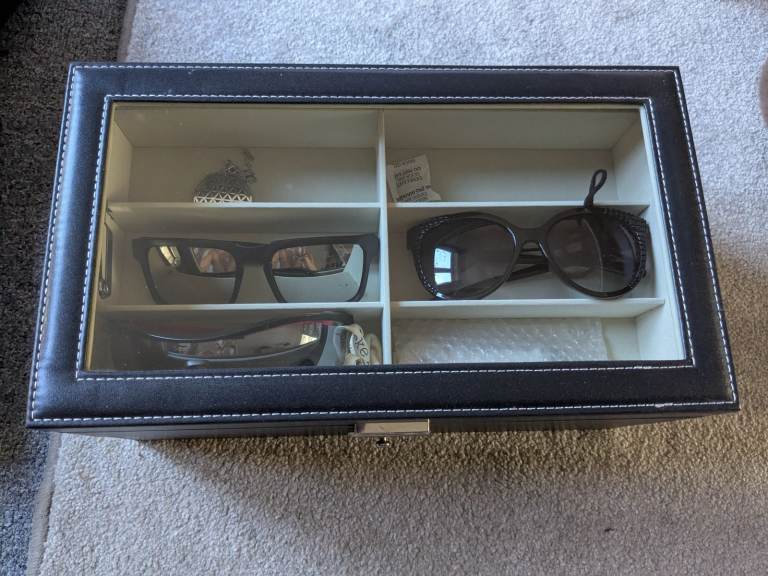 Sunglasses Storage Box – Double Layer – Holds 12 Pairs – Glass Window – Faux Leather