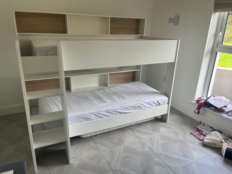 White Bunk Bed with Storage Shelves – Good Condition