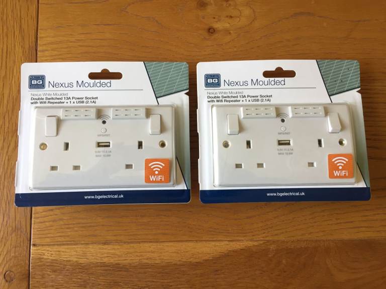2 new sealed BG 822UWR twin sockets with Wifi repeater and 2.1 amp USB socket 