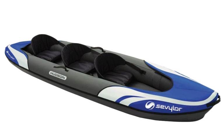 Sevylor Hudson 3 enflatable canoe with paddles, bouancy vests, carry rucksack and drybag