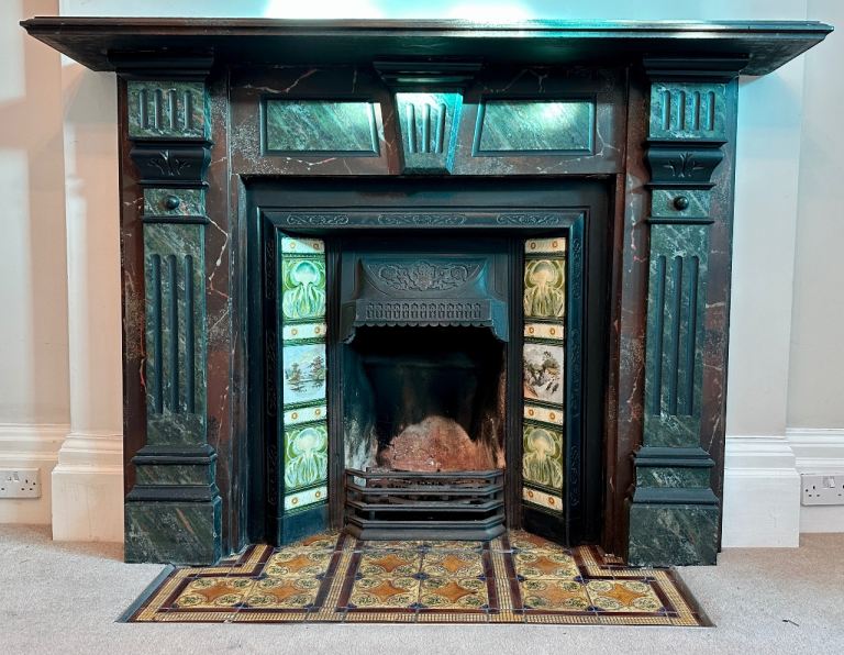 Antique Victorian Slate Fireplace Surround + Original Cast Iron Insert & Tiles