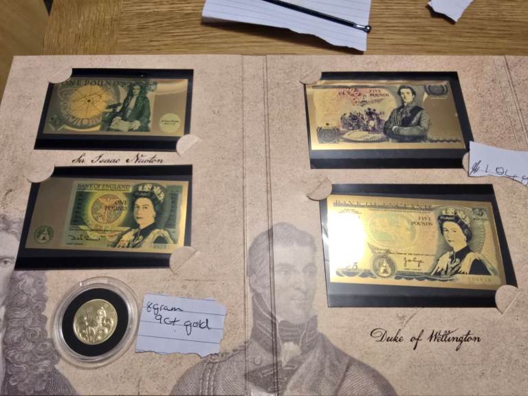 Gold bank notes and coin collection
