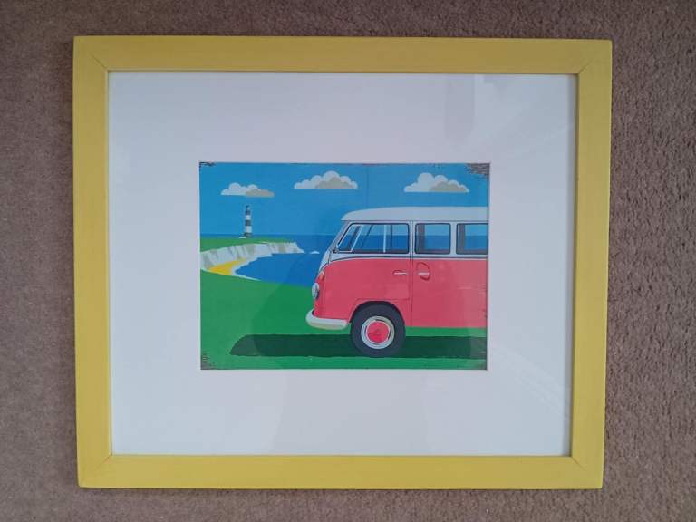 Volkswagen VW Camper Van Framed Artwork Illustration Print, Yellow Wooden Frame