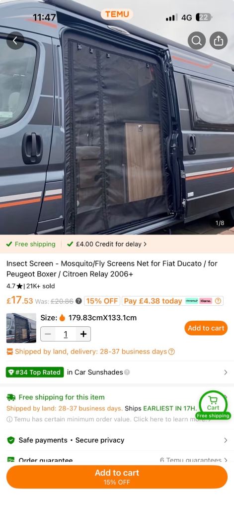 Used for a short time Mosquito Fly Screen Net for Fiat Ducato/Peugeot Boxer/Ford Transit 