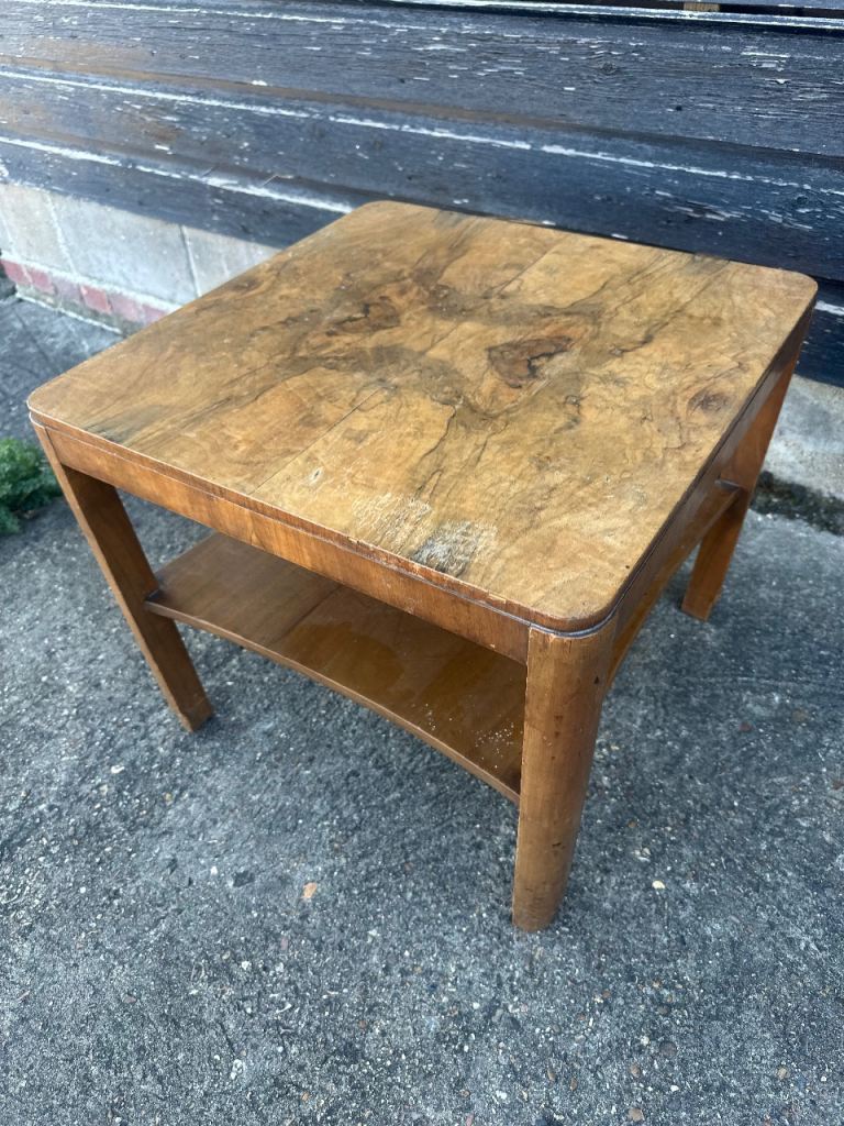 Vintage retro art deco 30s walnut veneer coffee table w magazine rack 