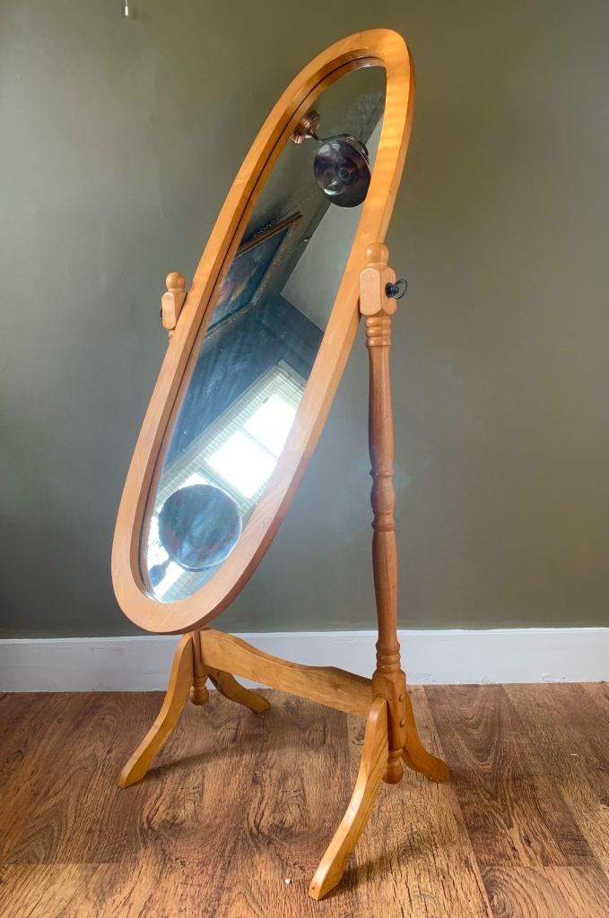 Vintage Large Full Length Oval Beech Wood Tilt Dressing Room Mirror