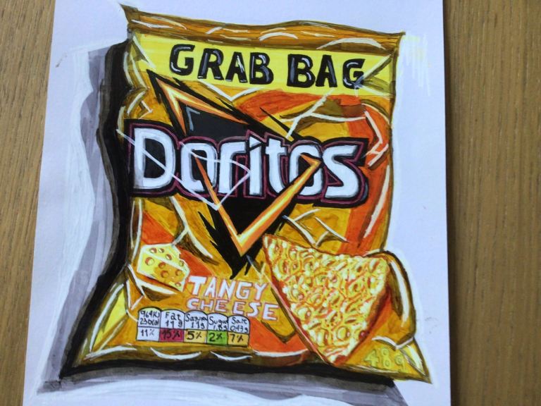 Dorito package painting by Pedro Fernández 