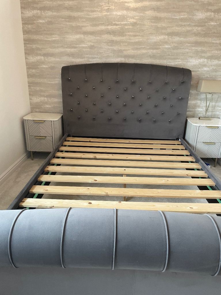 Grey Velvet Double Bed Frame with Tufted Headboard  – Good Condition