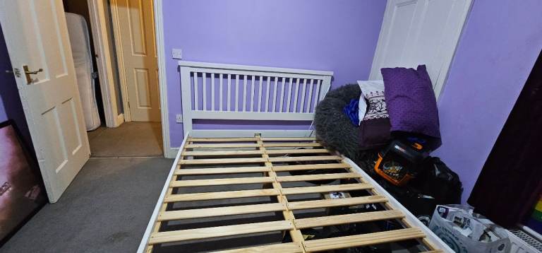 White Wooden Bed Frame with Slats – Good Condition