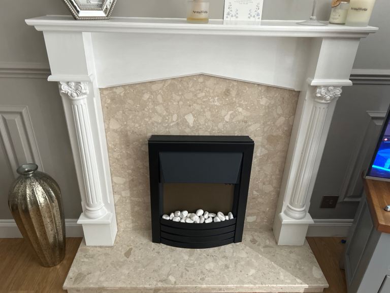 White Fire Surround with Marble Inlay and Electric Fire