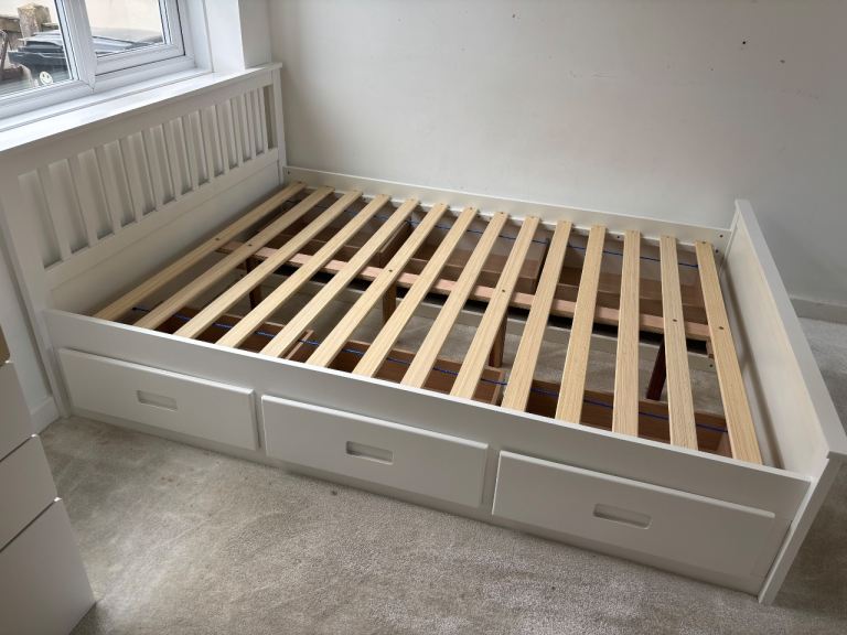 White Wooden Double Bed with storage