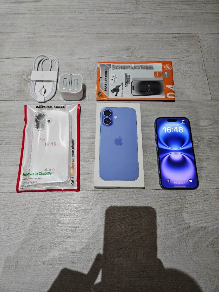 Iphone 16 5G Bundle 128GB Unlocked 87% Batt Blue Warranty I Phone 