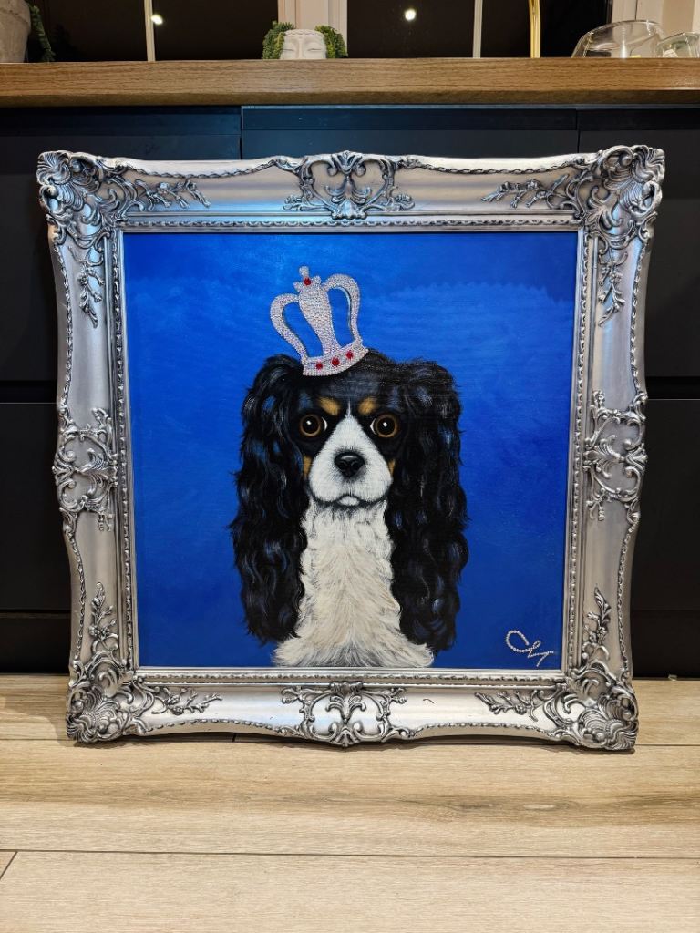 Original Framed Painting of a Cavalier King Charles Spaniel - Silver Frame