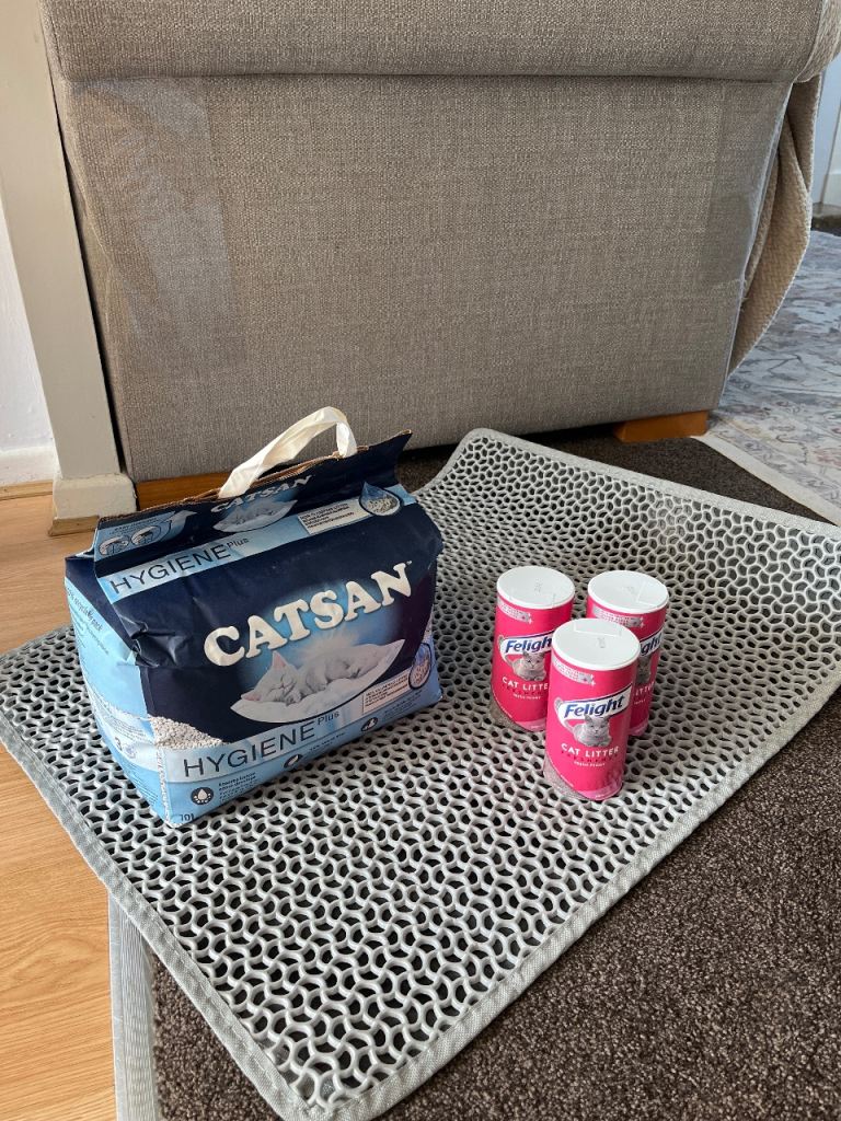 cat litter, litter mat, litter freshener, poop bags with holder, litter box filter - £10