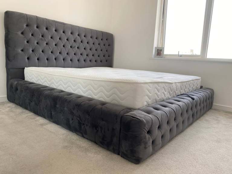 Double Bed Frame with Tufted Headboard – Grey Velvet, As Good As New