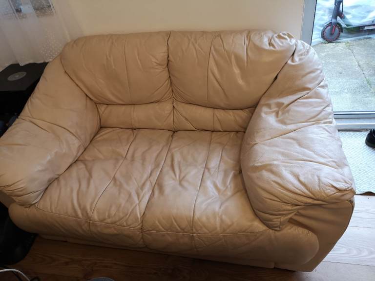 Beige Leather 2-Seater Sofa – Comfortable – Good Condition