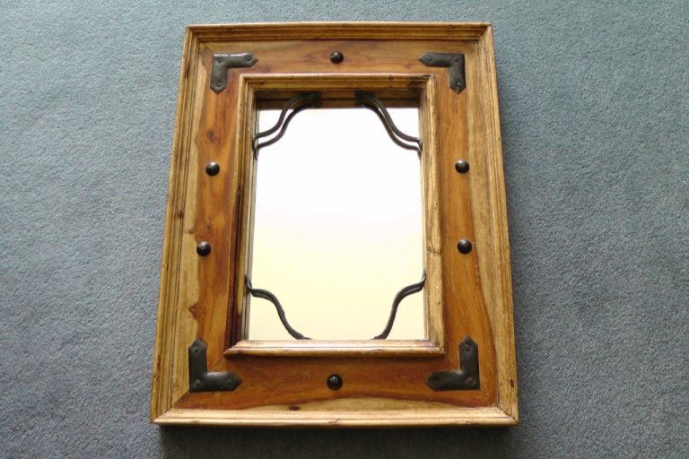 Distinctive Rustic Hardwood Mirror with Black Metal Corner Detail -  Mid / Darkwood - Classic