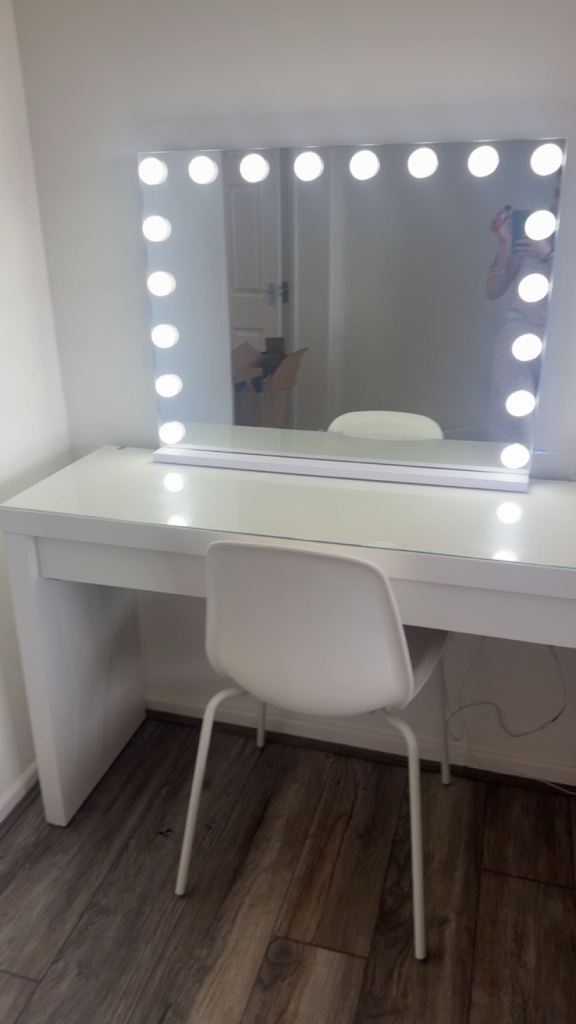 White Dressing Table with Hollywood Mirror and Chair