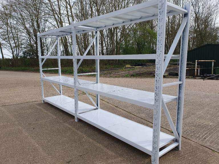 2 Continuous Bays of White Metal Racking Shelving with Metal Trays. over 200kgs per shelf
