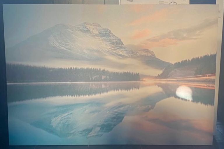 Large Mountain Lake Scene Canvas Wall Art – Good Condition