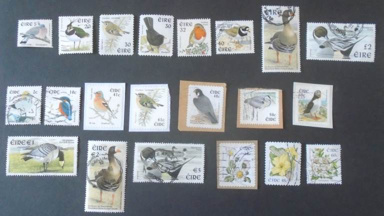 Ireland Birds collection - 21 stamps across Pound and Euro values, up to £2 and 5 Euros