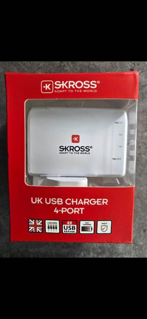 SKROSS USB 4 Port Travel Adapter Charger - For Europe, USA, Japan & Many More - New