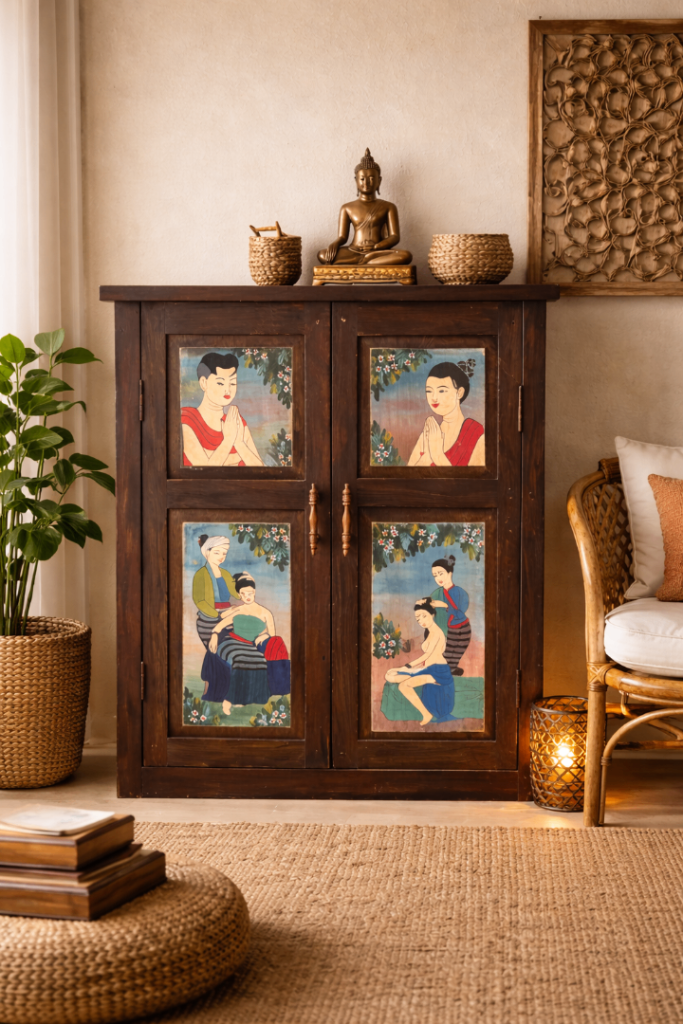 Thai Hand Painted Solid Wood Cabinet – Vintage Asian Oriental Storage