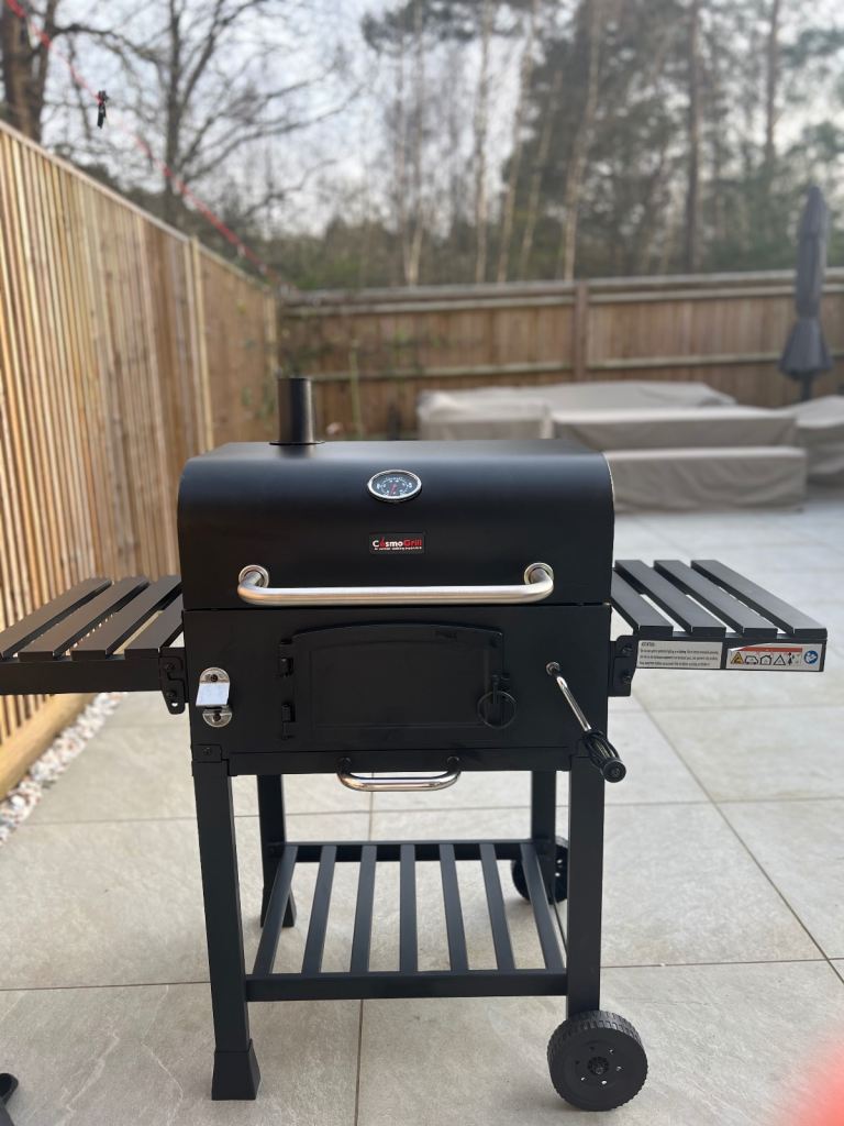 CosmoGrill XL Smoker BBQ Charcoal Grill, Built In Thermometer, 2 Folding Tables