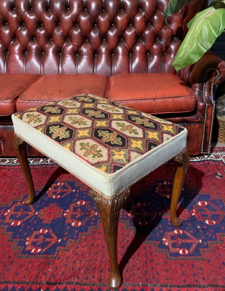 Antique Queen Anne style Walnut & Kilim Tapestry Lounge Foot Stool Dressing Seat
